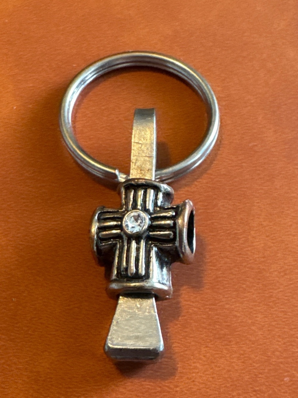 Western Horseshoe Nail Cross Keychain Rhinestone Silver Tone Fob⁠